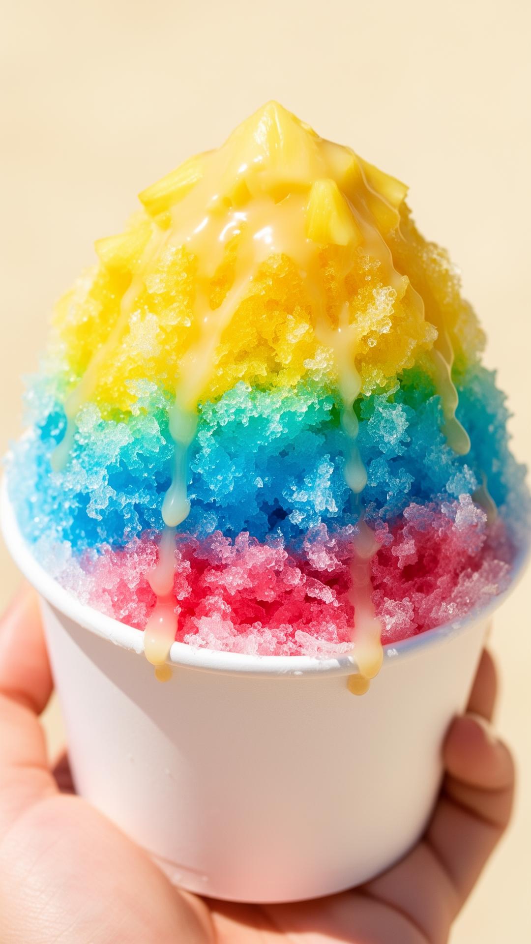 Rainbow Hawaiian shave ice with sweet syrups dripping